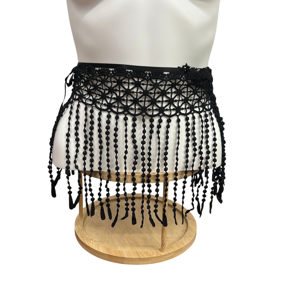 Black Belly Dance Hip Scarf XL Crochet Fringe Waist Belt Festival Boho Costume